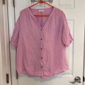 Beachlunchlounge Pink Cotton Gauze Button Front Puff Sleeve Top LST6009